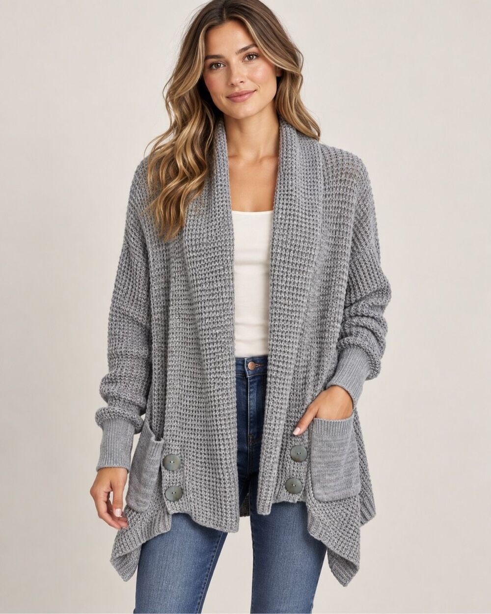 Soft Surroundings Cardigan Medium Gray Cotton Waffle Knit Draped Shawl Collar